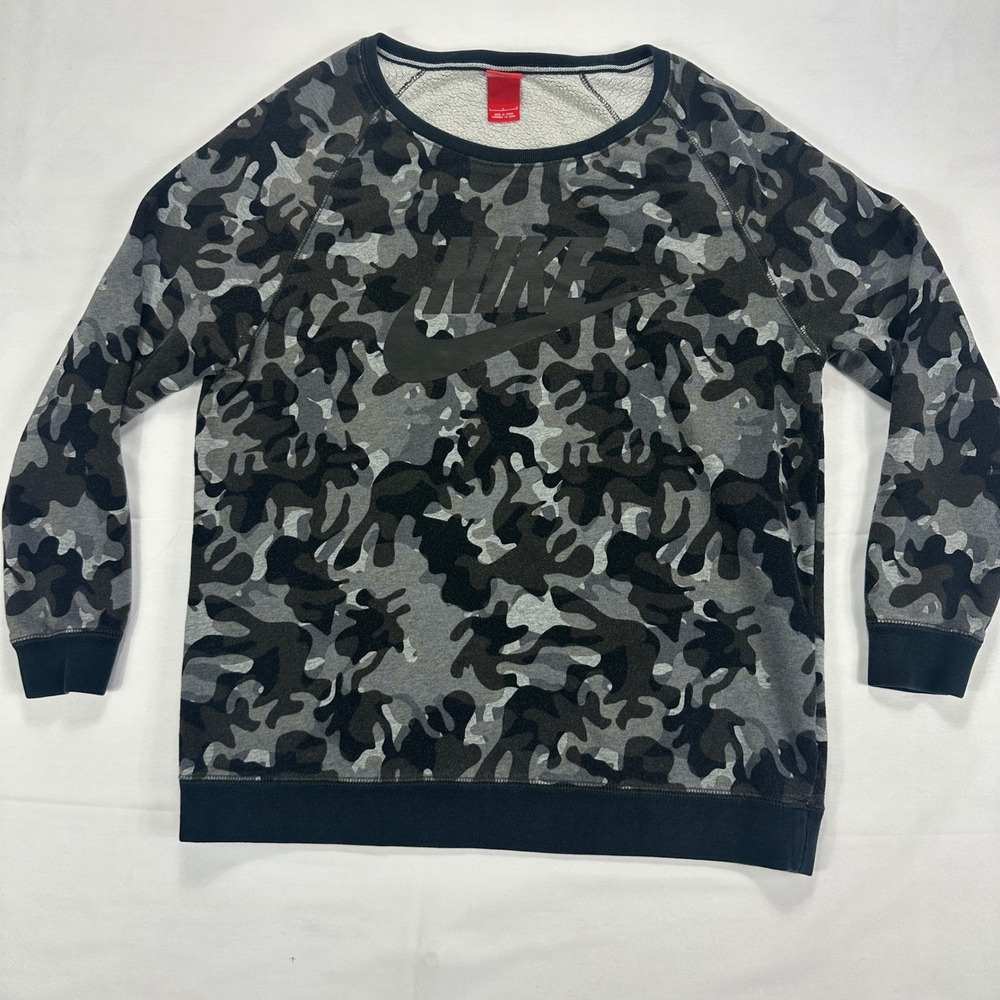 Nike Camo Crewneck Sweatshirt Gray Black Logo Raglan Sleeve Women's Size L